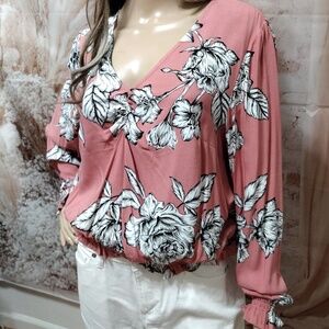 Candie's Women's Large Pink Floral Crop Top V-neck Long Poet Sleeves Blouse Top